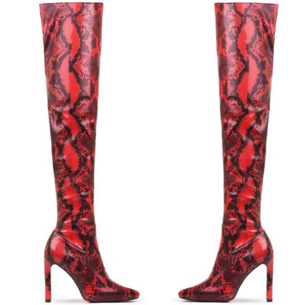 Jeffrey Campbell Red and Black Snakeskin Over-the-Knee Heeled Boots